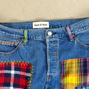 F- HOM Plaid Green/Red Back Pocket Levi's 501 Reworked Custom Jeans