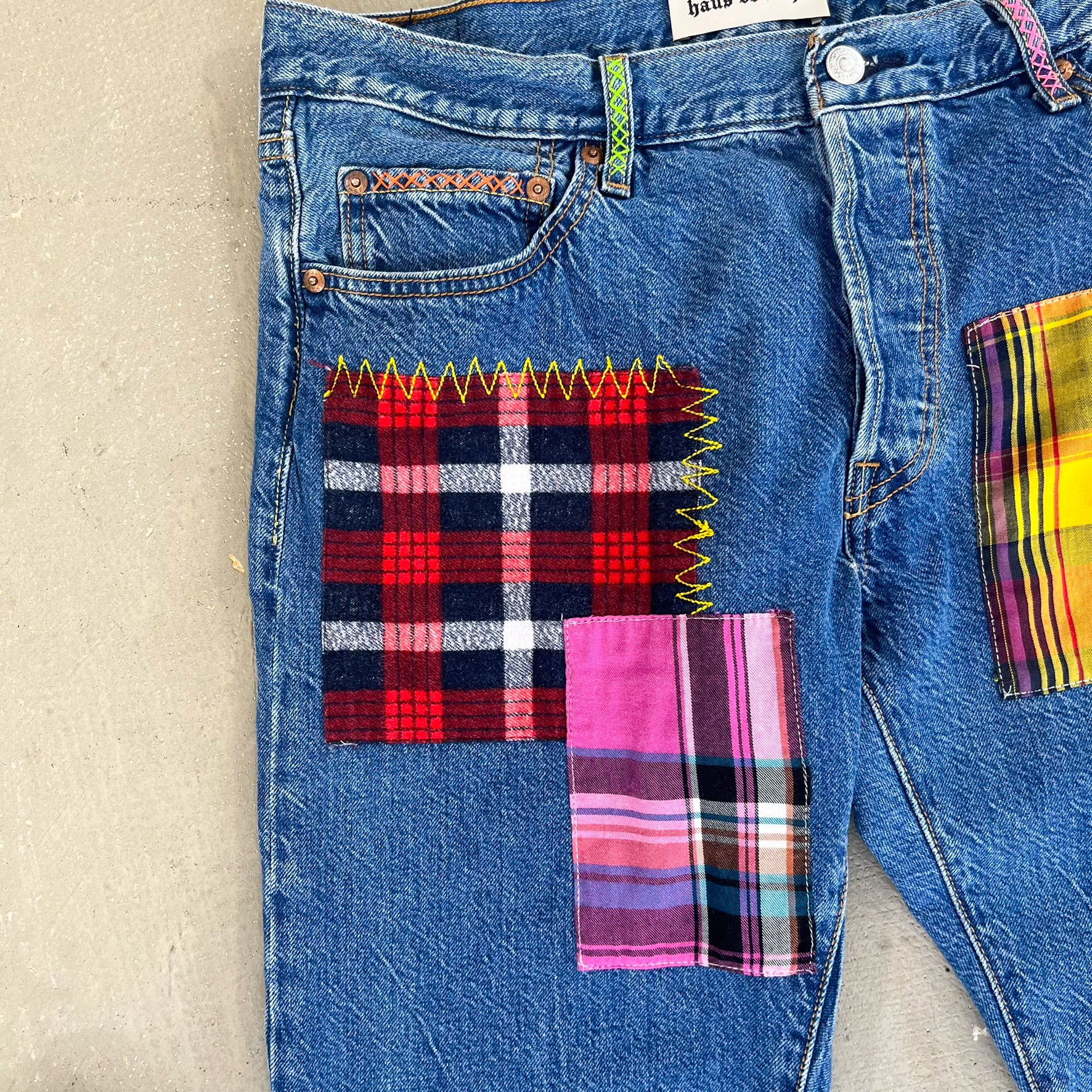 F- HOM Plaid Green/Red Back Pocket Levi's 501 Reworked Custom Jeans