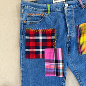 F- HOM Plaid Green/Red Back Pocket Levi's 501 Reworked Custom Jeans