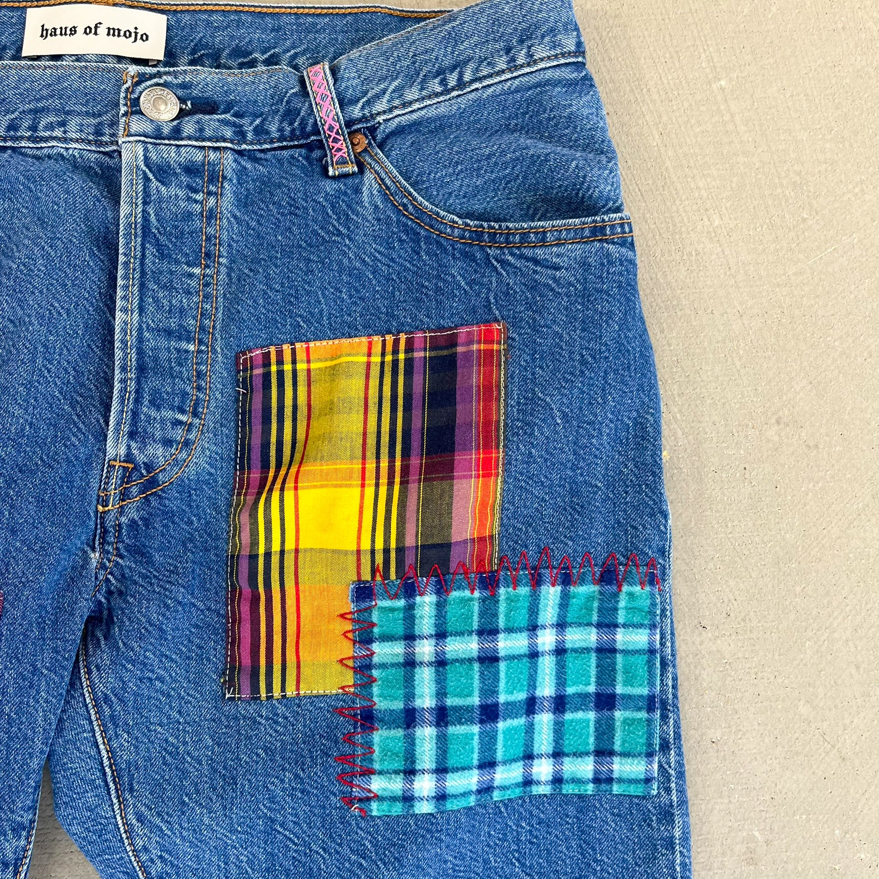 F- HOM Plaid Green/Red Back Pocket Levi's 501 Reworked Custom Jeans