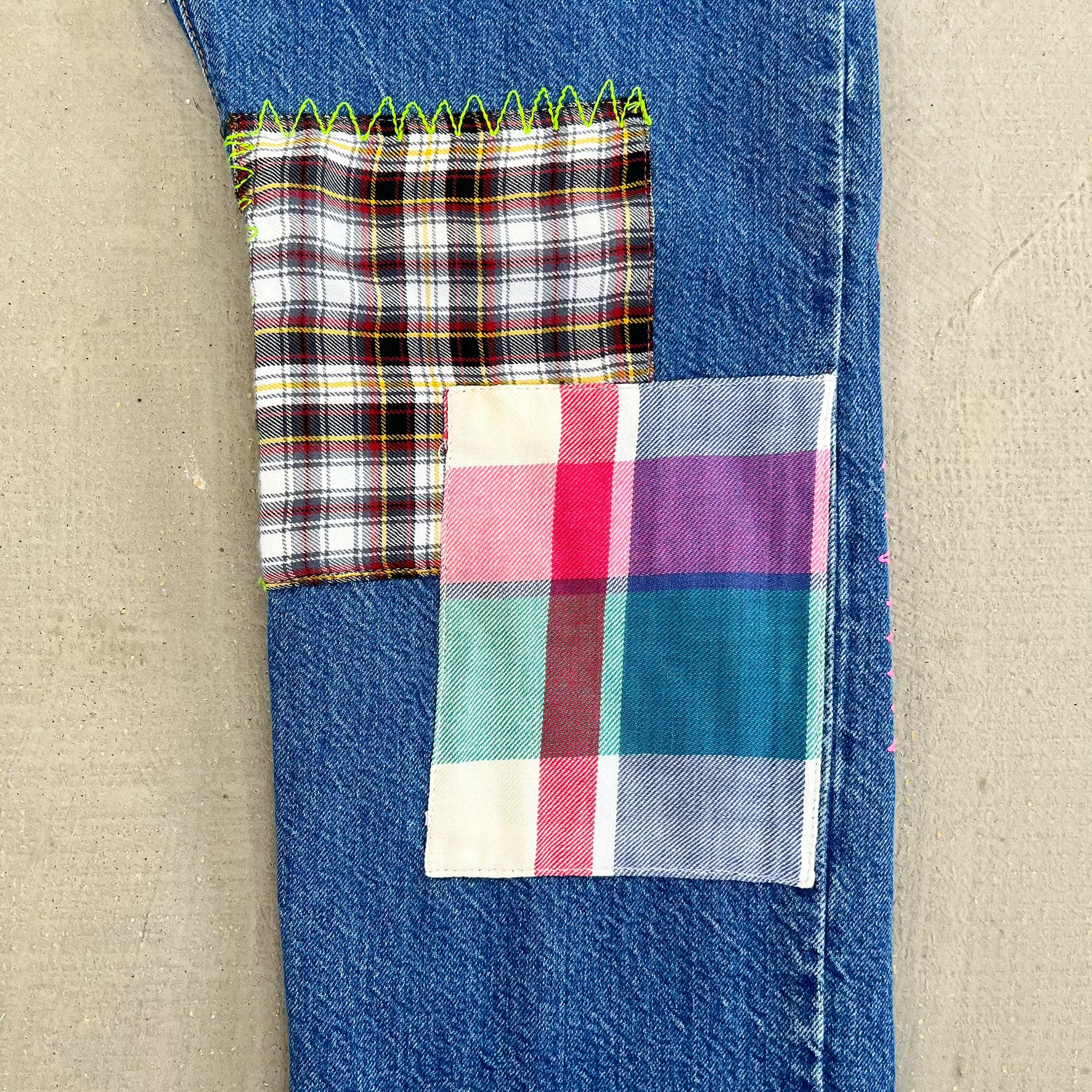 F- HOM Plaid Green/Red Back Pocket Levi's 501 Reworked Custom Jeans