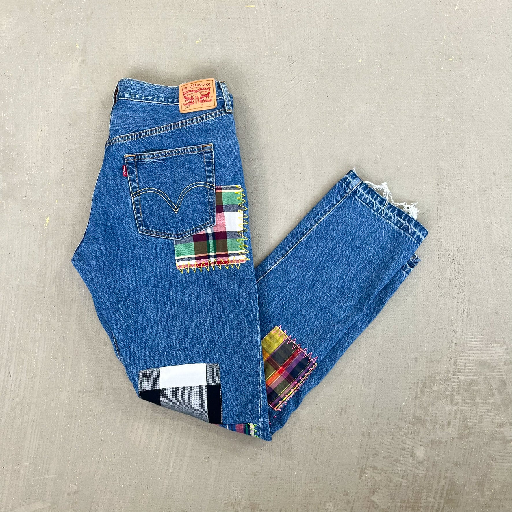 F- HOM Plaid Green/Red Back Pocket Levi's 501 Reworked Custom Jeans