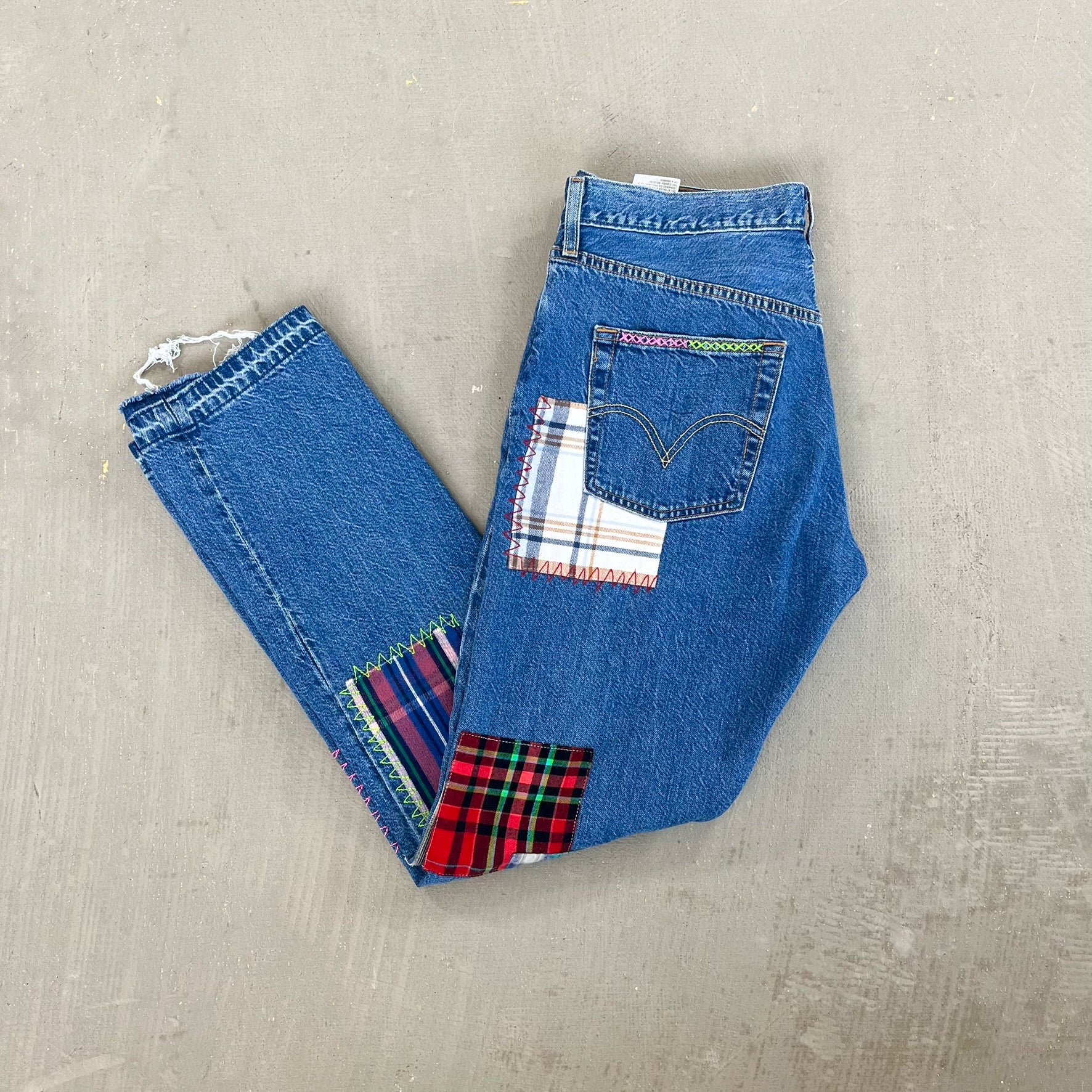 F- HOM Plaid Green/Red Back Pocket Levi's 501 Reworked Custom Jeans