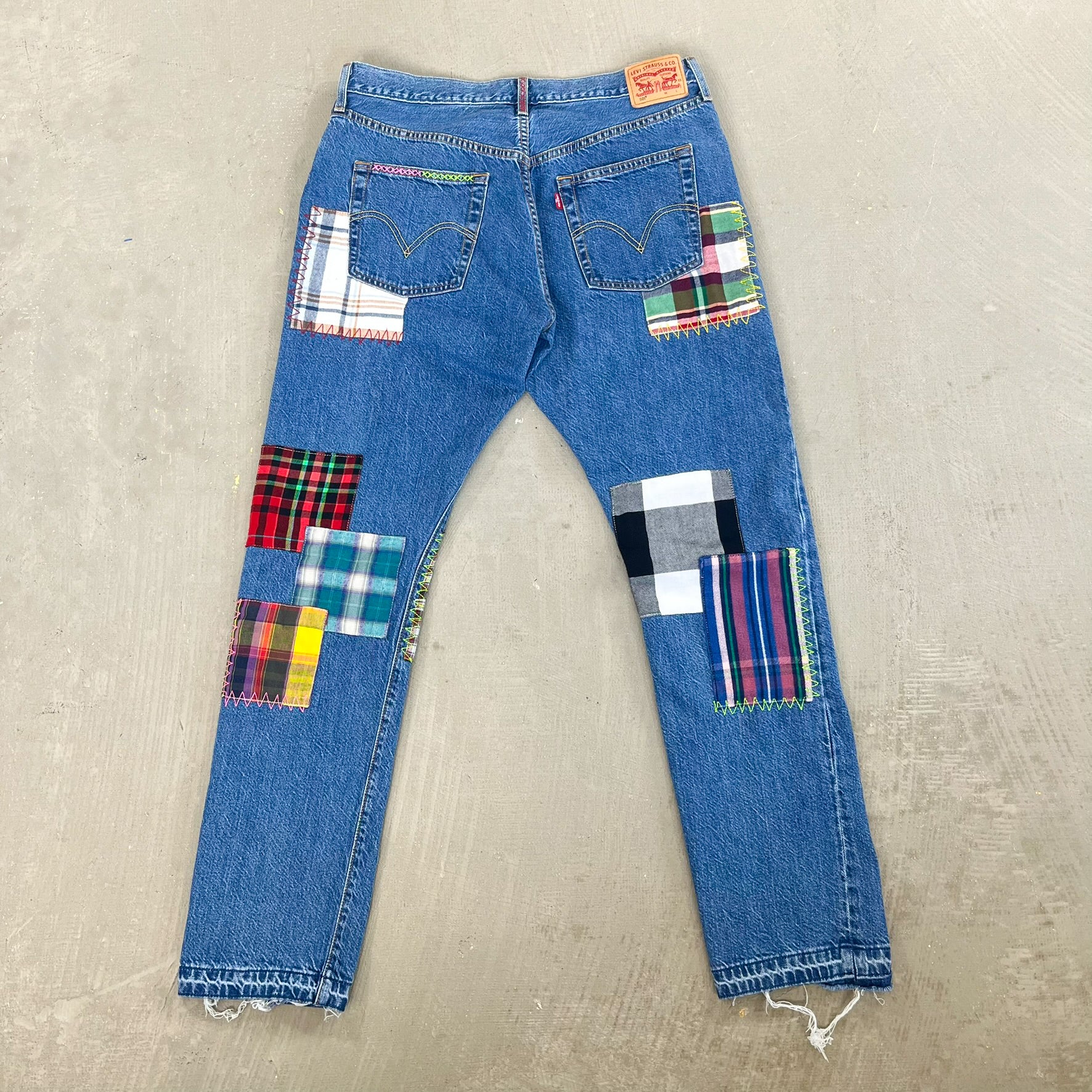 F- HOM Plaid Green/Red Back Pocket Levi's 501 Reworked Custom Jeans