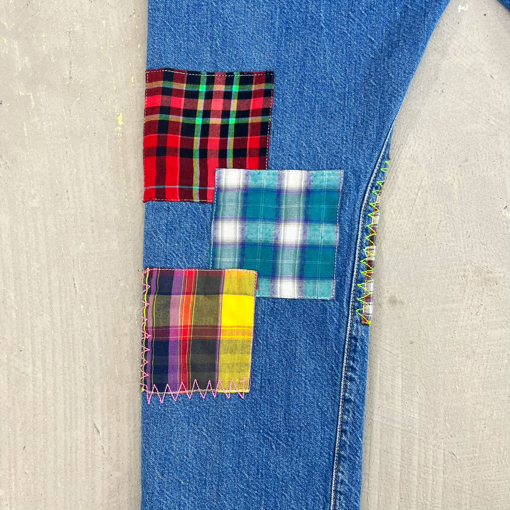 F- HOM Plaid Green/Red Back Pocket Levi's 501 Reworked Custom Jeans