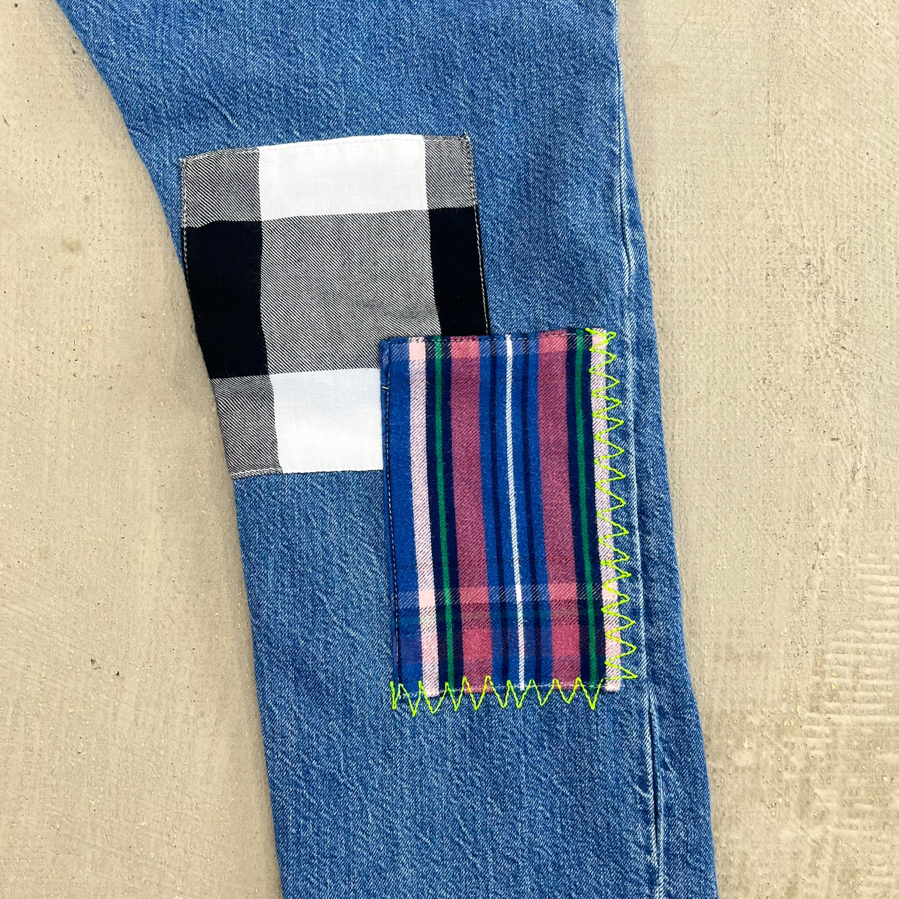 F- HOM Plaid Green/Red Back Pocket Levi's 501 Reworked Custom Jeans