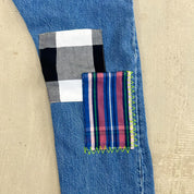 F- HOM Plaid Green/Red Back Pocket Levi's 501 Reworked Custom Jeans