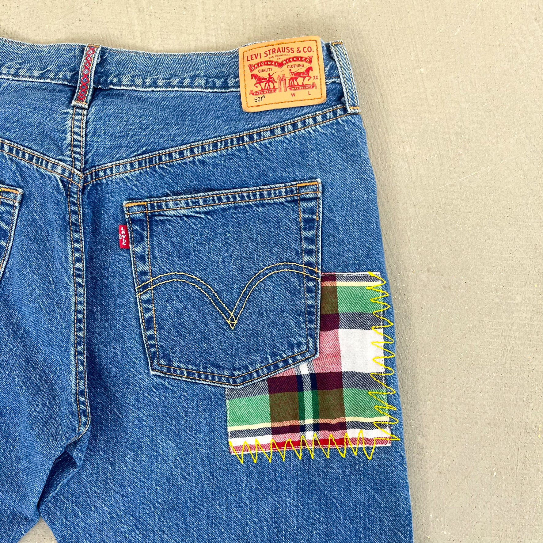 F- HOM Plaid Green/Red Back Pocket Levi's 501 Reworked Custom Jeans