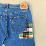 F- HOM Plaid Green/Red Back Pocket Levi's 501 Reworked Custom Jeans