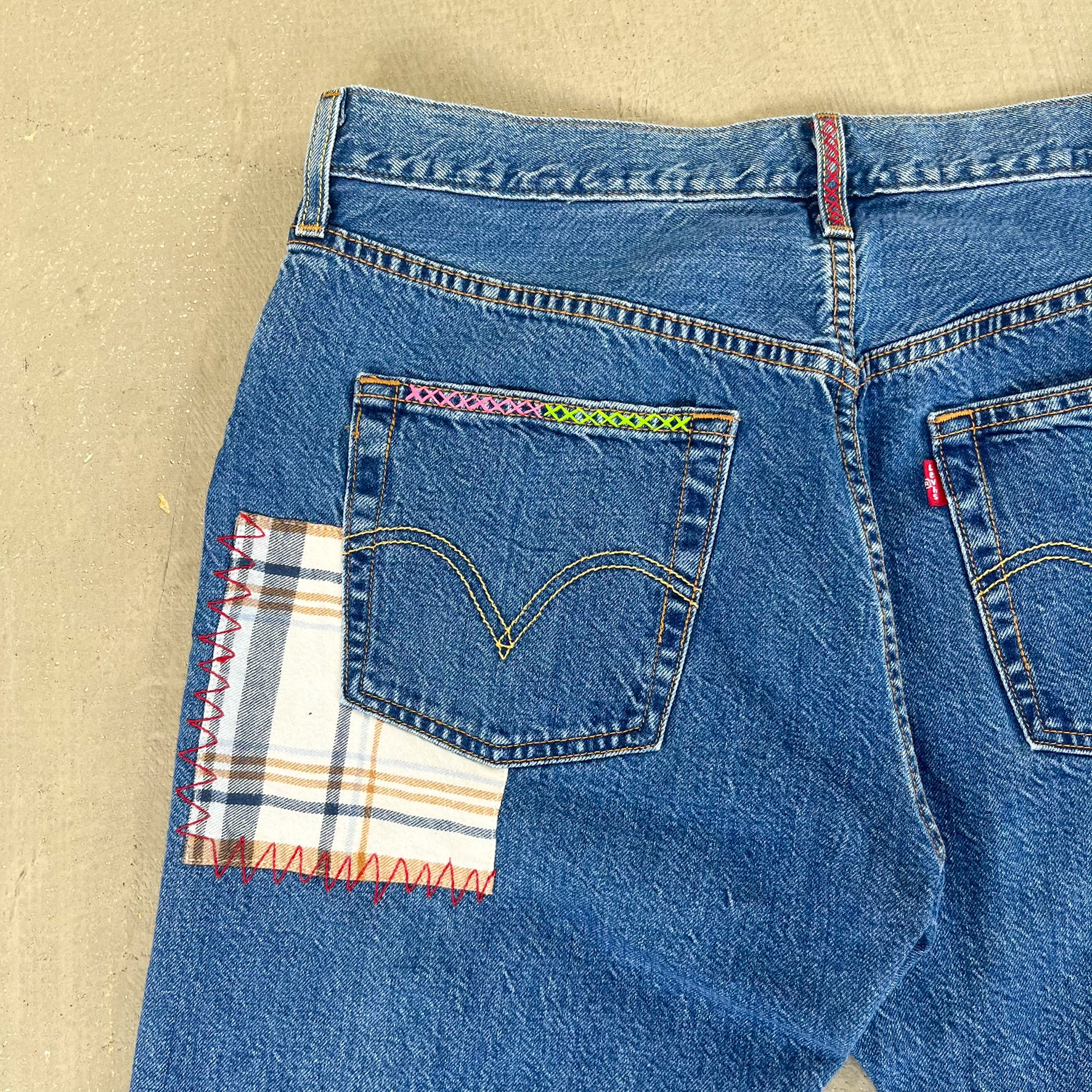 F- HOM Plaid Green/Red Back Pocket Levi's 501 Reworked Custom Jeans