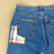 F- HOM Plaid Green/Red Back Pocket Levi's 501 Reworked Custom Jeans