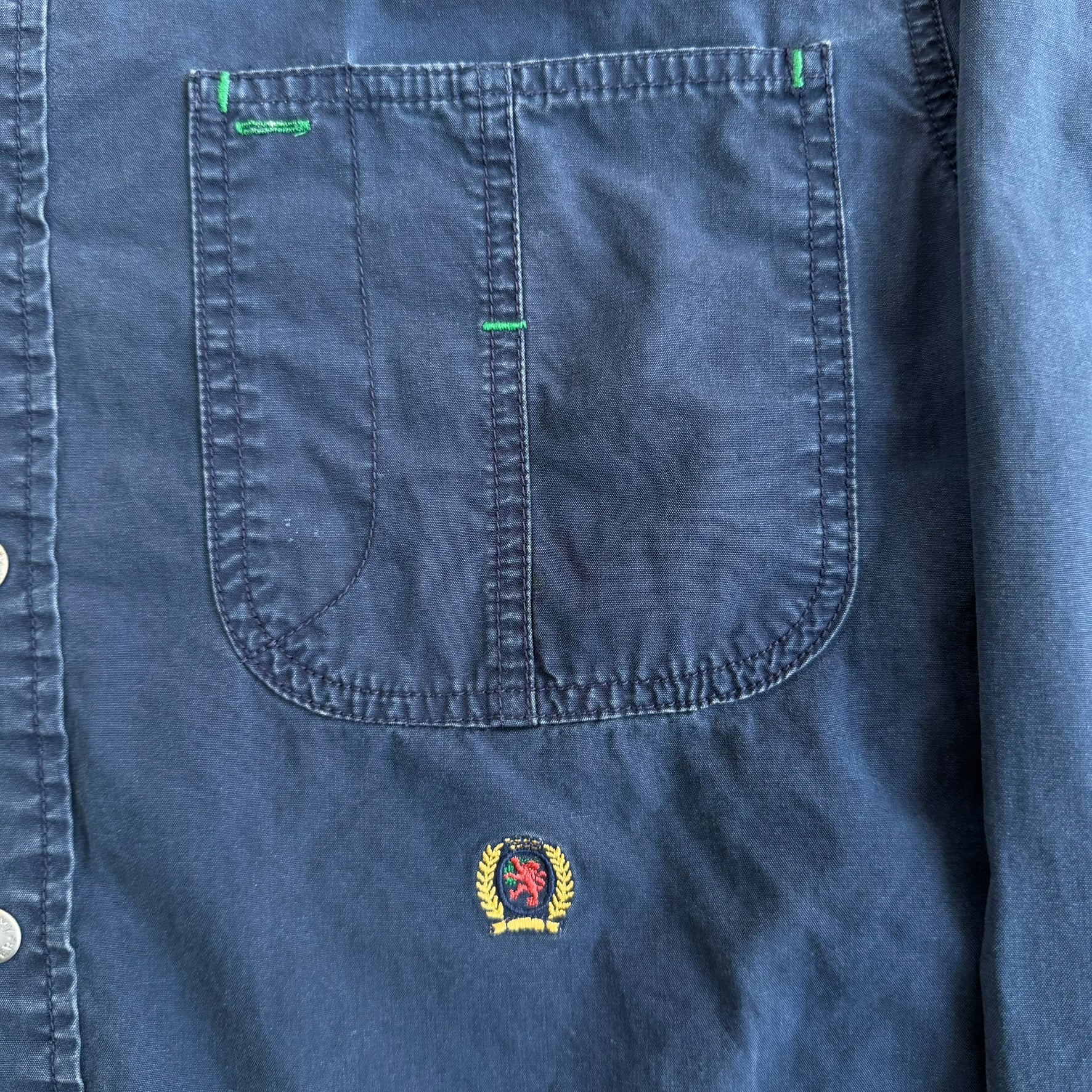 J- Vintage 90s Tommy Hilfiger Embroidered Crest Snap Button Down Shirt - S