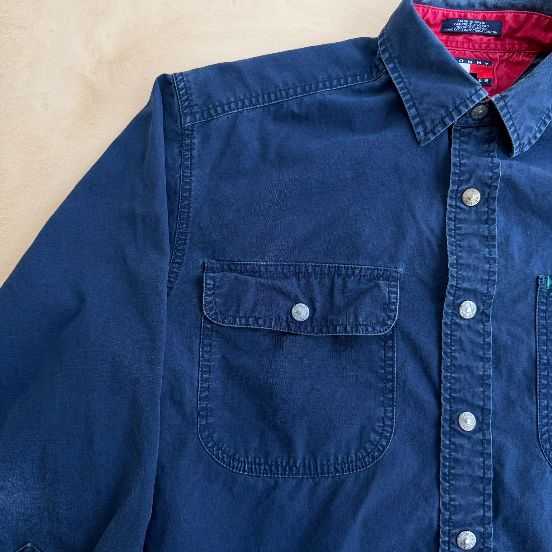 J- Vintage 90s Tommy Hilfiger Embroidered Crest Snap Button Down Shirt - S
