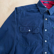 J- Vintage 90s Tommy Hilfiger Embroidered Crest Snap Button Down Shirt - S