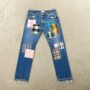 F- HOM Plaid Teal/White Back Pocket Levi's 501 Reworked Custom Jeans