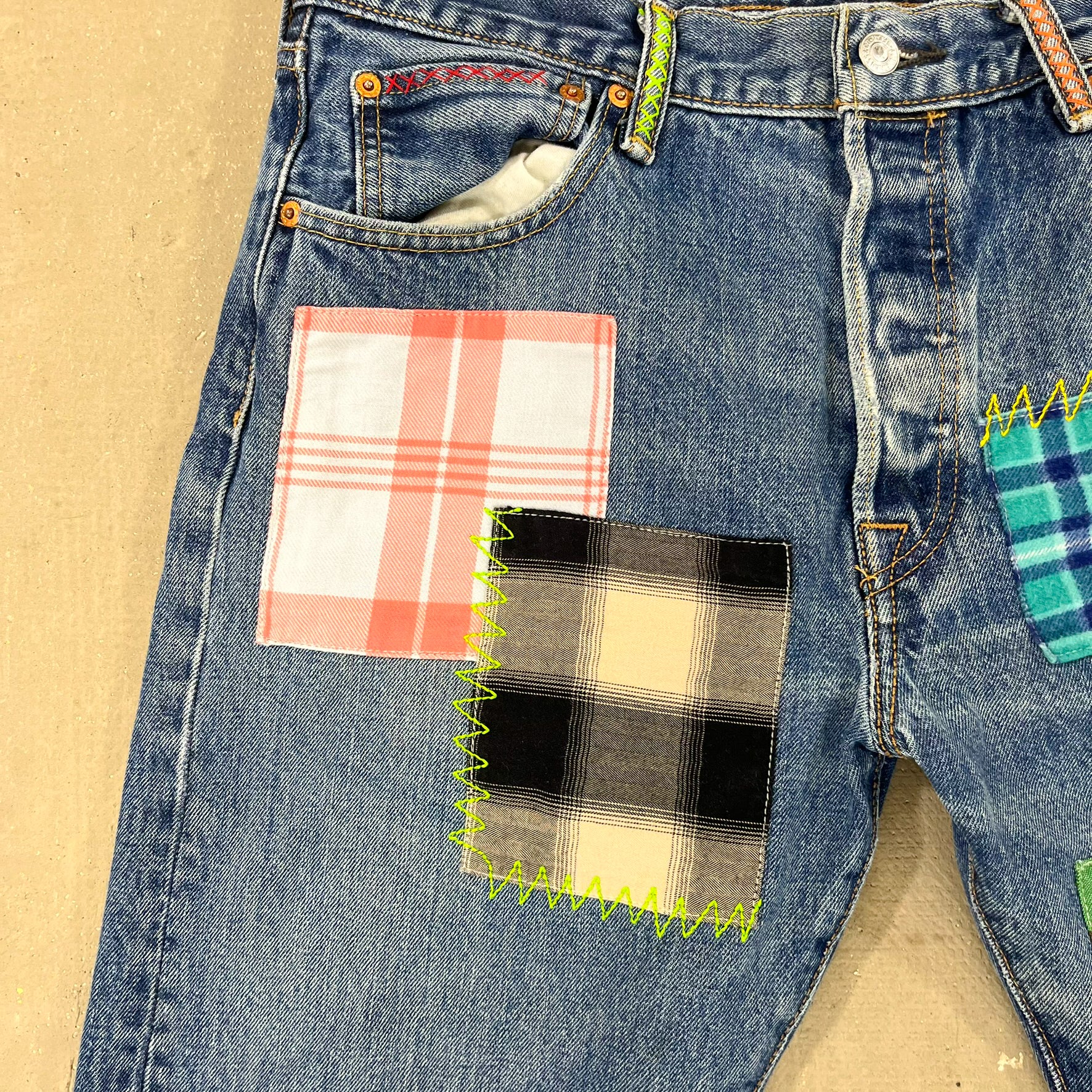 F- HOM Plaid Teal/White Back Pocket Levi's 501 Reworked Custom Jeans