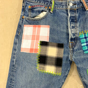F- HOM Plaid Teal/White Back Pocket Levi's 501 Reworked Custom Jeans