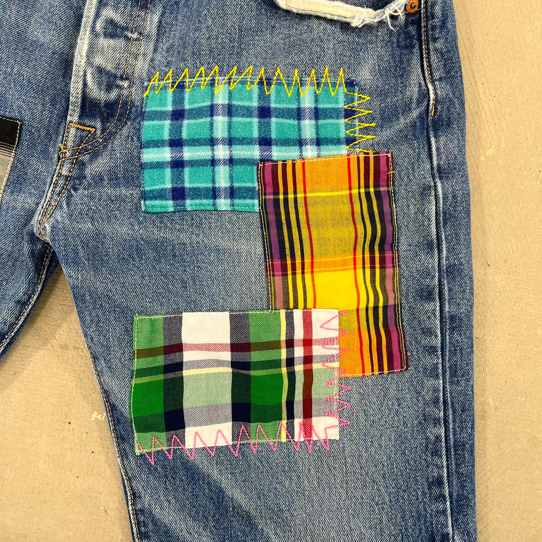 F- HOM Plaid Teal/White Back Pocket Levi's 501 Reworked Custom Jeans