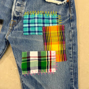 F- HOM Plaid Teal/White Back Pocket Levi's 501 Reworked Custom Jeans