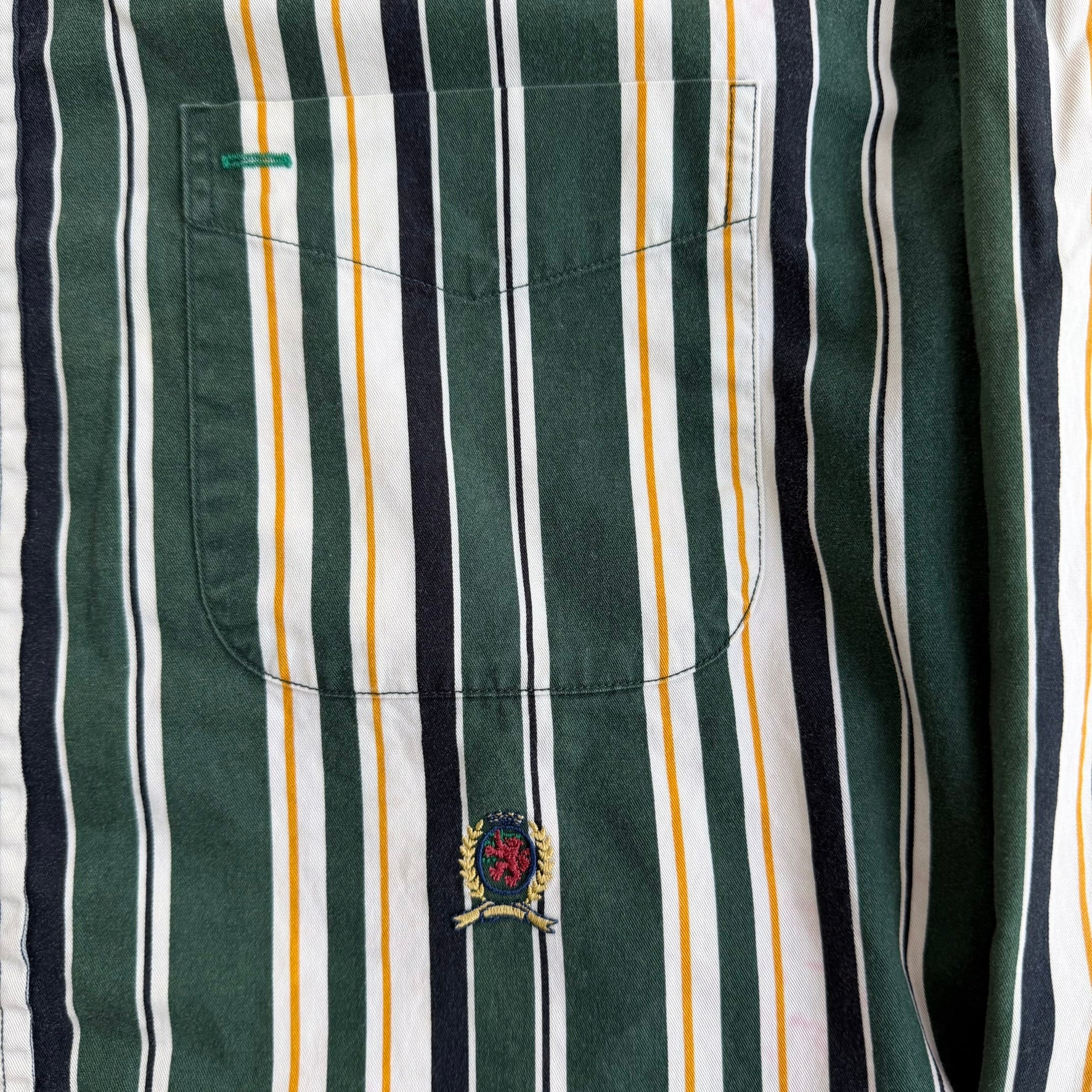 J- Vintage 90s Tommy Hilfiger Embroidered Crest Striped Button Down Shirt - M