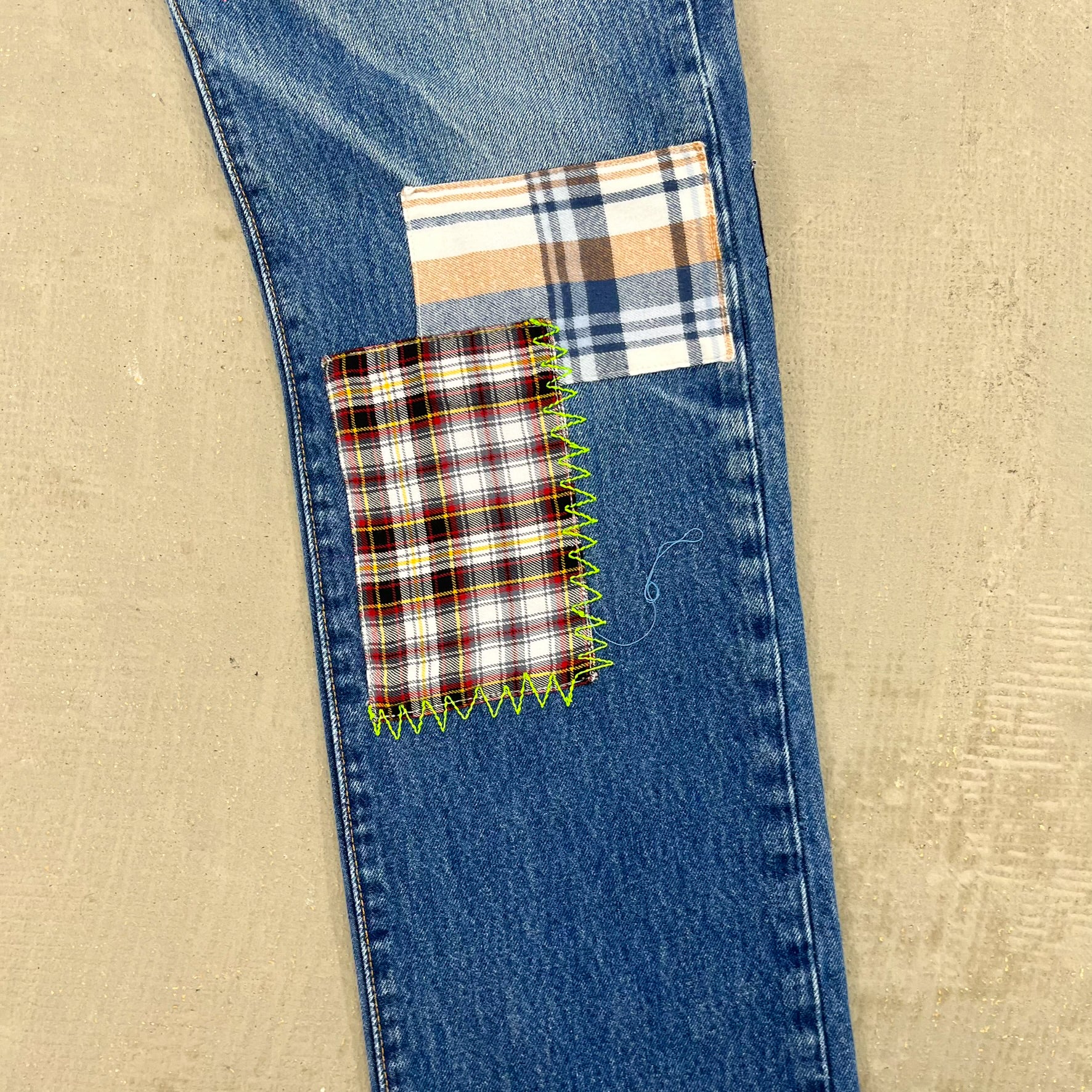F- HOM Plaid Teal/White Back Pocket Levi's 501 Reworked Custom Jeans