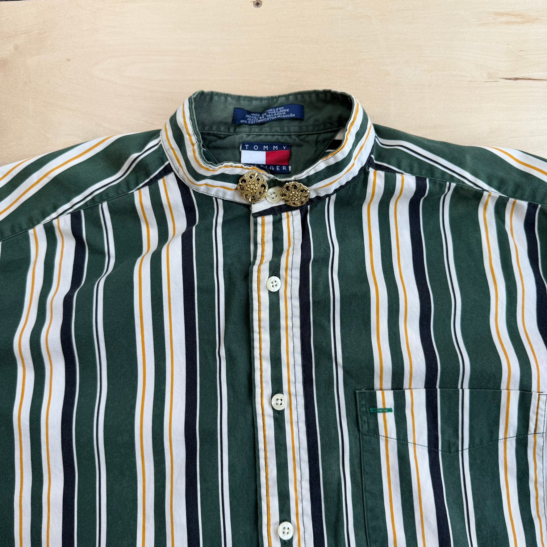 J- Vintage 90s Tommy Hilfiger Embroidered Crest Striped Button Down Shirt - M