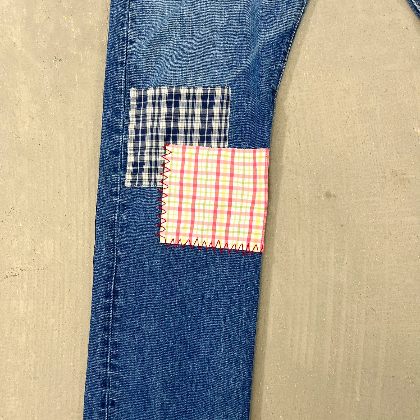 F- HOM Plaid Teal/White Back Pocket Levi's 501 Reworked Custom Jeans