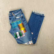 F- HOM Plaid Teal/White Back Pocket Levi's 501 Reworked Custom Jeans