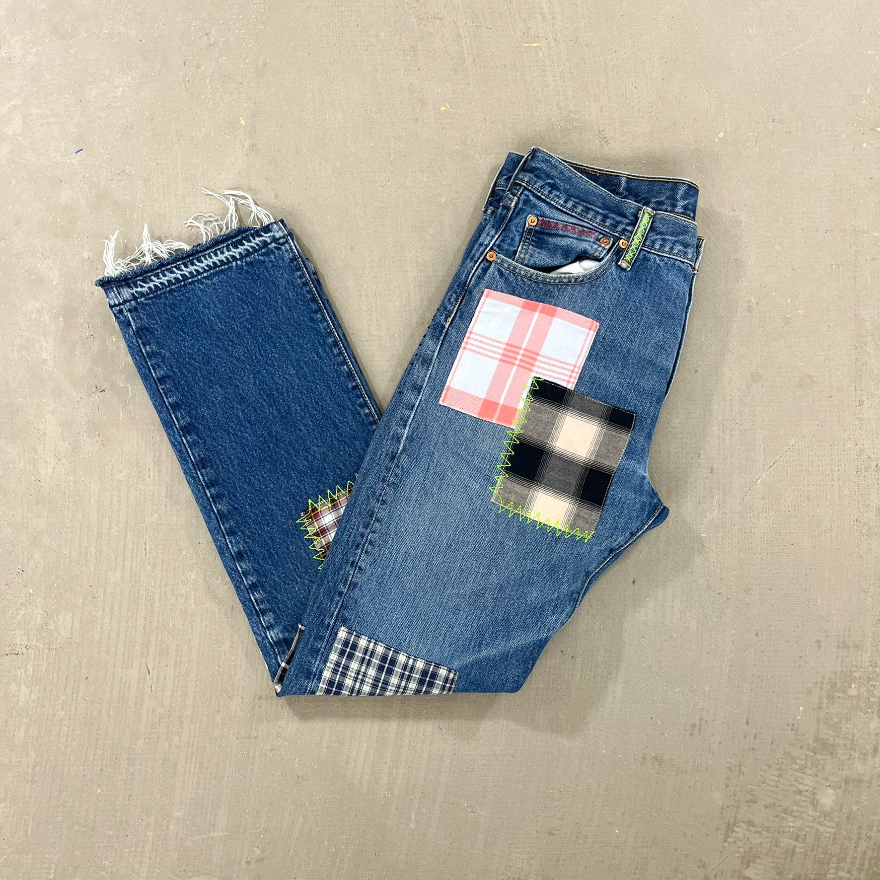 F- HOM Plaid Teal/White Back Pocket Levi's 501 Reworked Custom Jeans