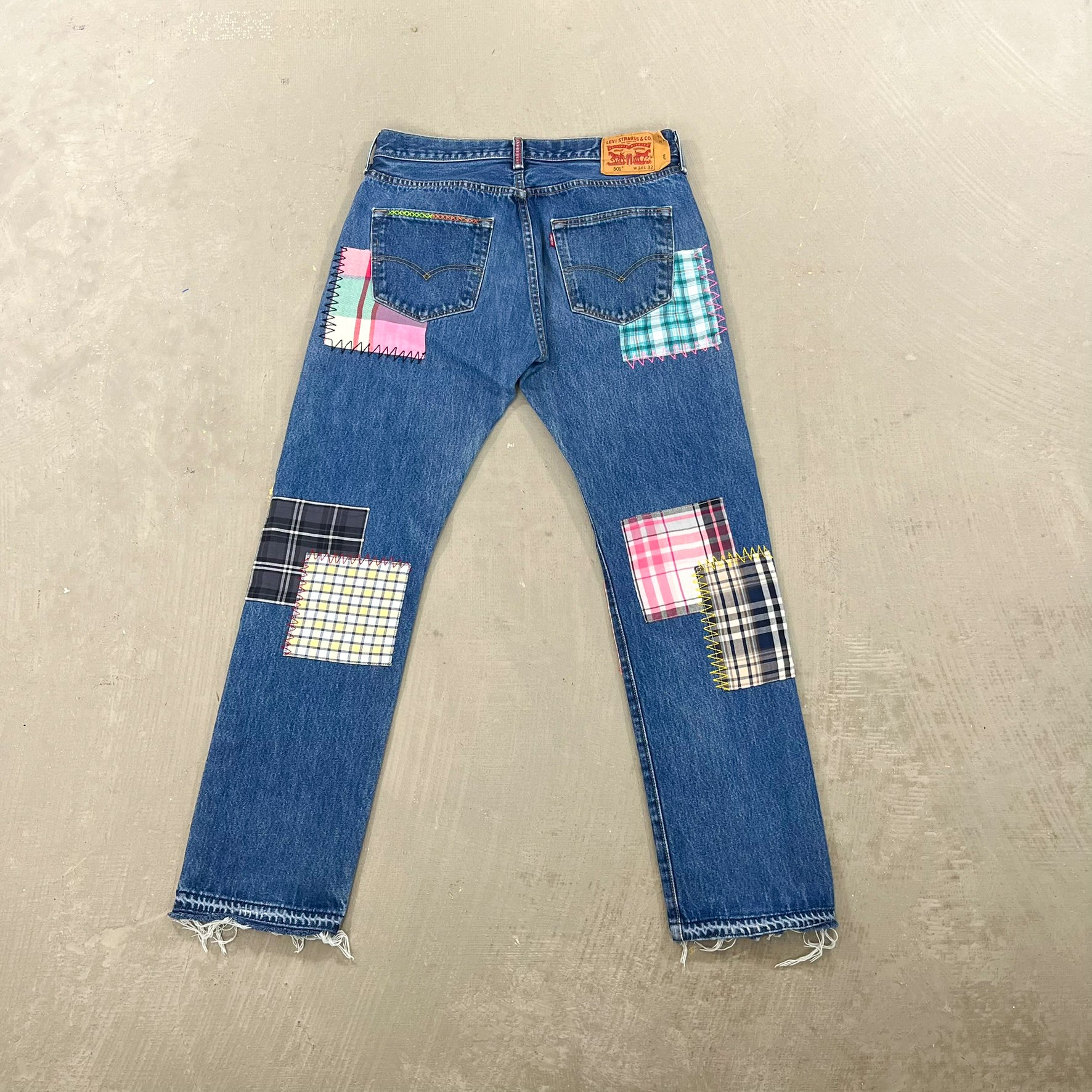 F- HOM Plaid Teal/White Back Pocket Levi's 501 Reworked Custom Jeans