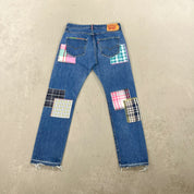 F- HOM Plaid Teal/White Back Pocket Levi's 501 Reworked Custom Jeans