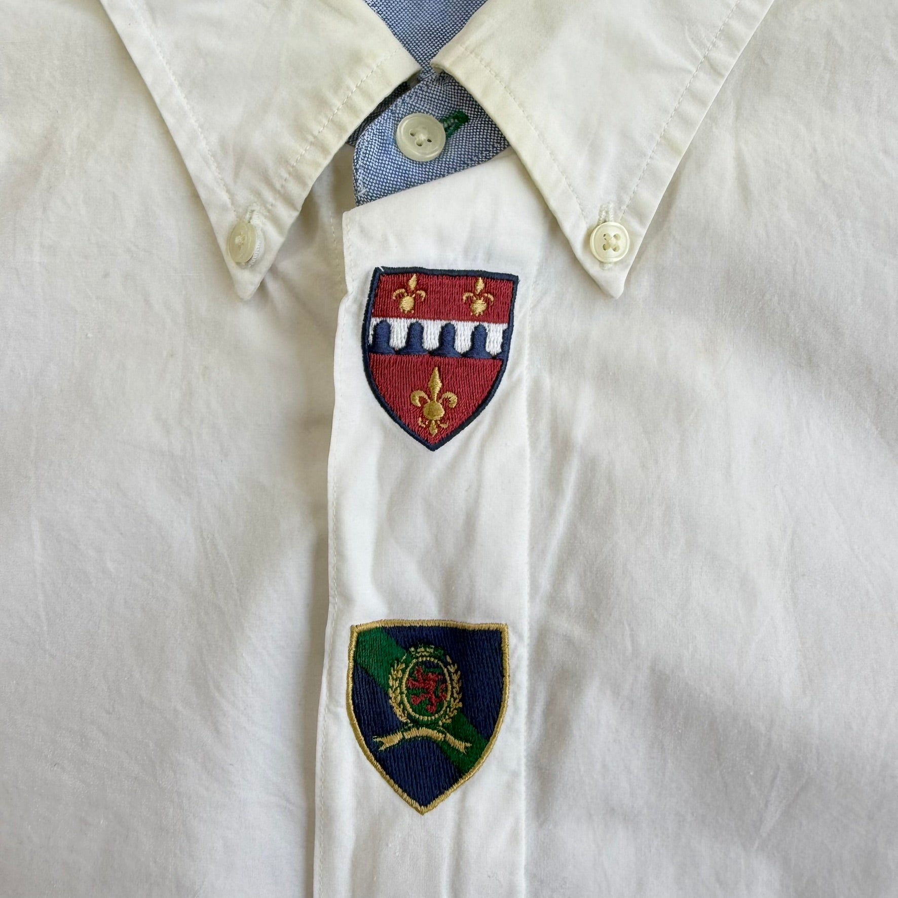 J- Vintage 90s Tommy Hilfiger Embroidered Crests White Button Down Shirt - XL