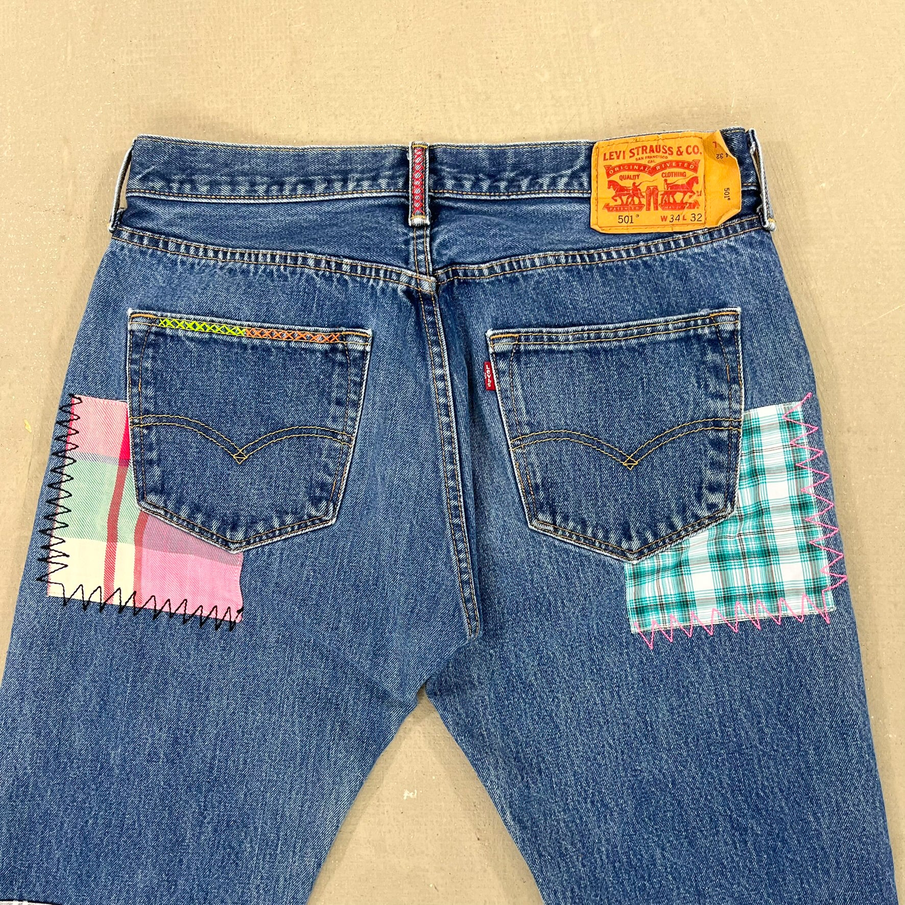 F- HOM Plaid Teal/White Back Pocket Levi's 501 Reworked Custom Jeans