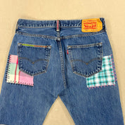 F- HOM Plaid Teal/White Back Pocket Levi's 501 Reworked Custom Jeans