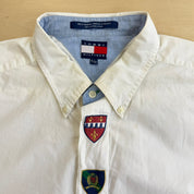 J- Vintage 90s Tommy Hilfiger Embroidered Crests White Button Down Shirt - XL