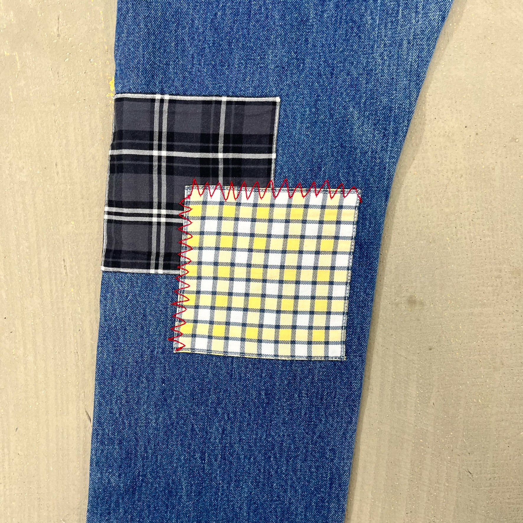 F- HOM Plaid Teal/White Back Pocket Levi's 501 Reworked Custom Jeans