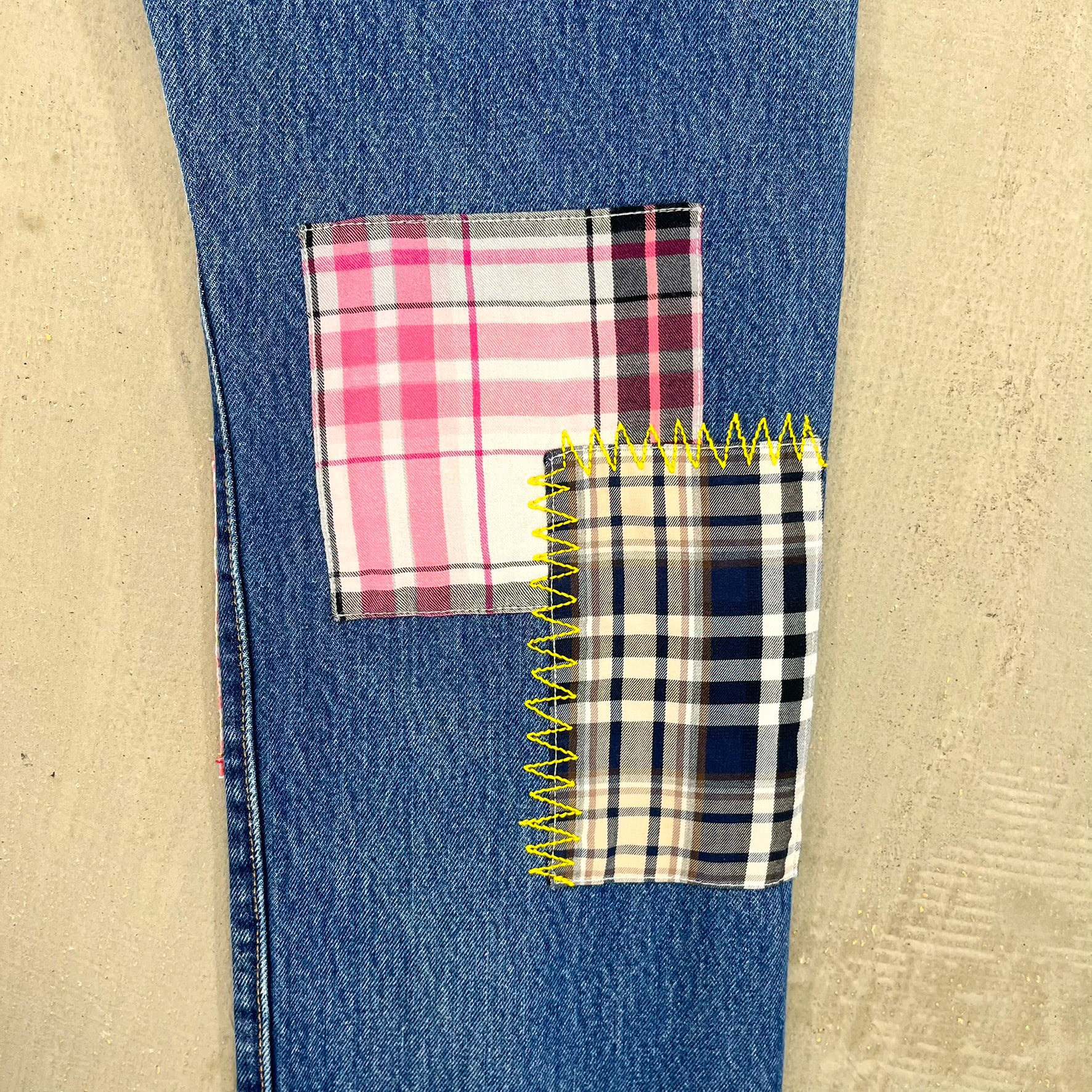 F- HOM Plaid Teal/White Back Pocket Levi's 501 Reworked Custom Jeans