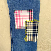 F- HOM Plaid Teal/White Back Pocket Levi's 501 Reworked Custom Jeans