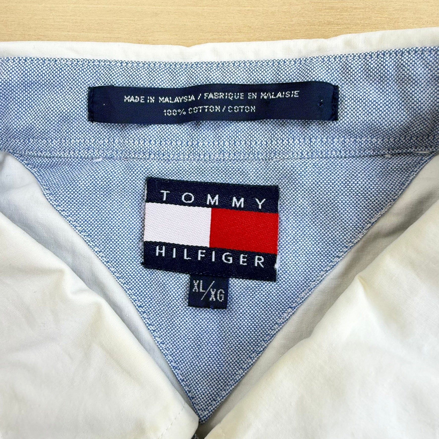 J- Vintage 90s Tommy Hilfiger Embroidered Crests White Button Down Shirt - XL