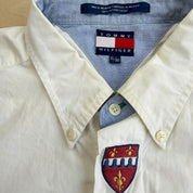J- Vintage 90s Tommy Hilfiger Embroidered Crests White Button Down Shirt - XL