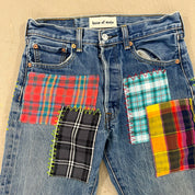 F- HOM Plaid Green/Blue Back Pocket Levi's 501 Reworked Custom Jeans