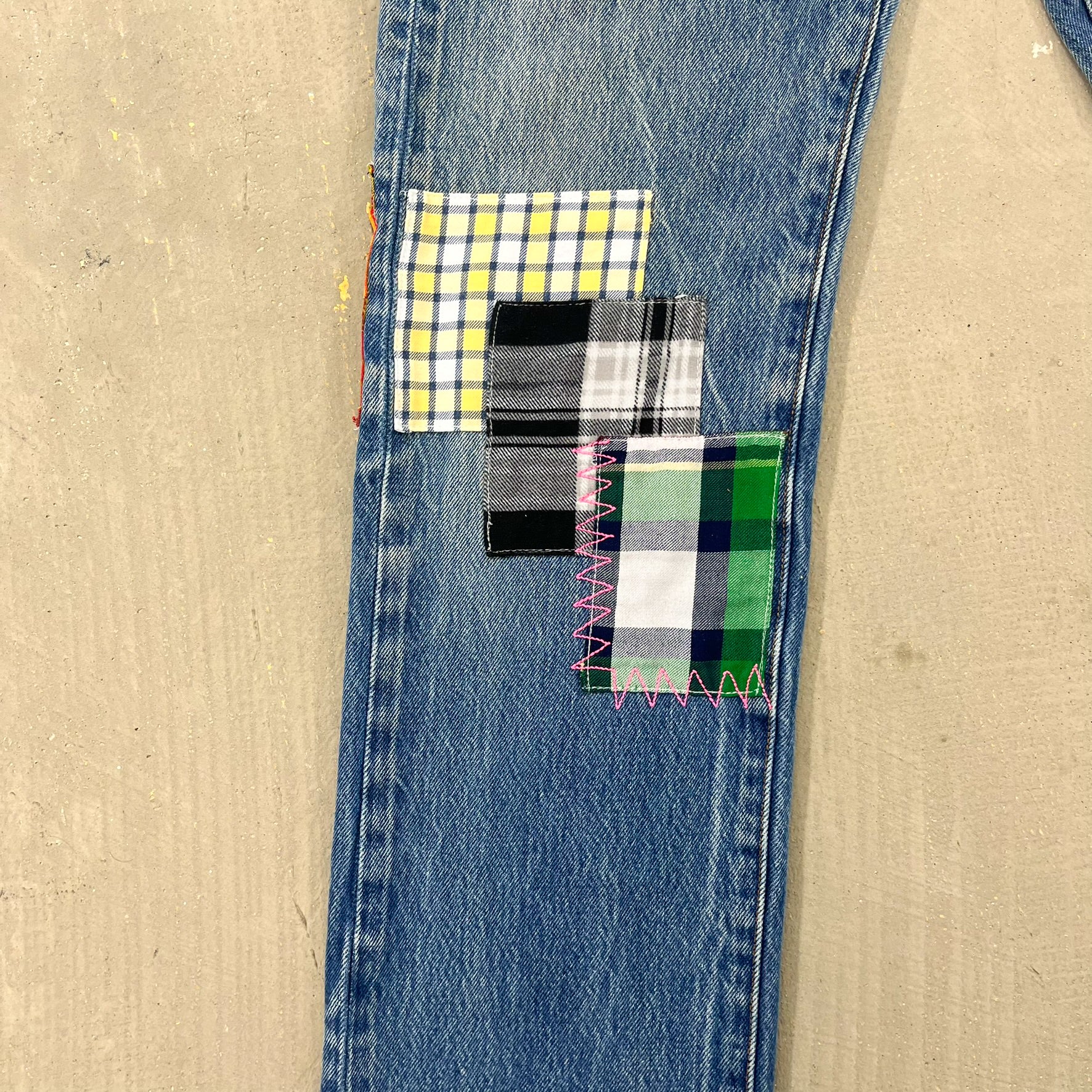 F- HOM Plaid Green/Blue Back Pocket Levi's 501 Reworked Custom Jeans