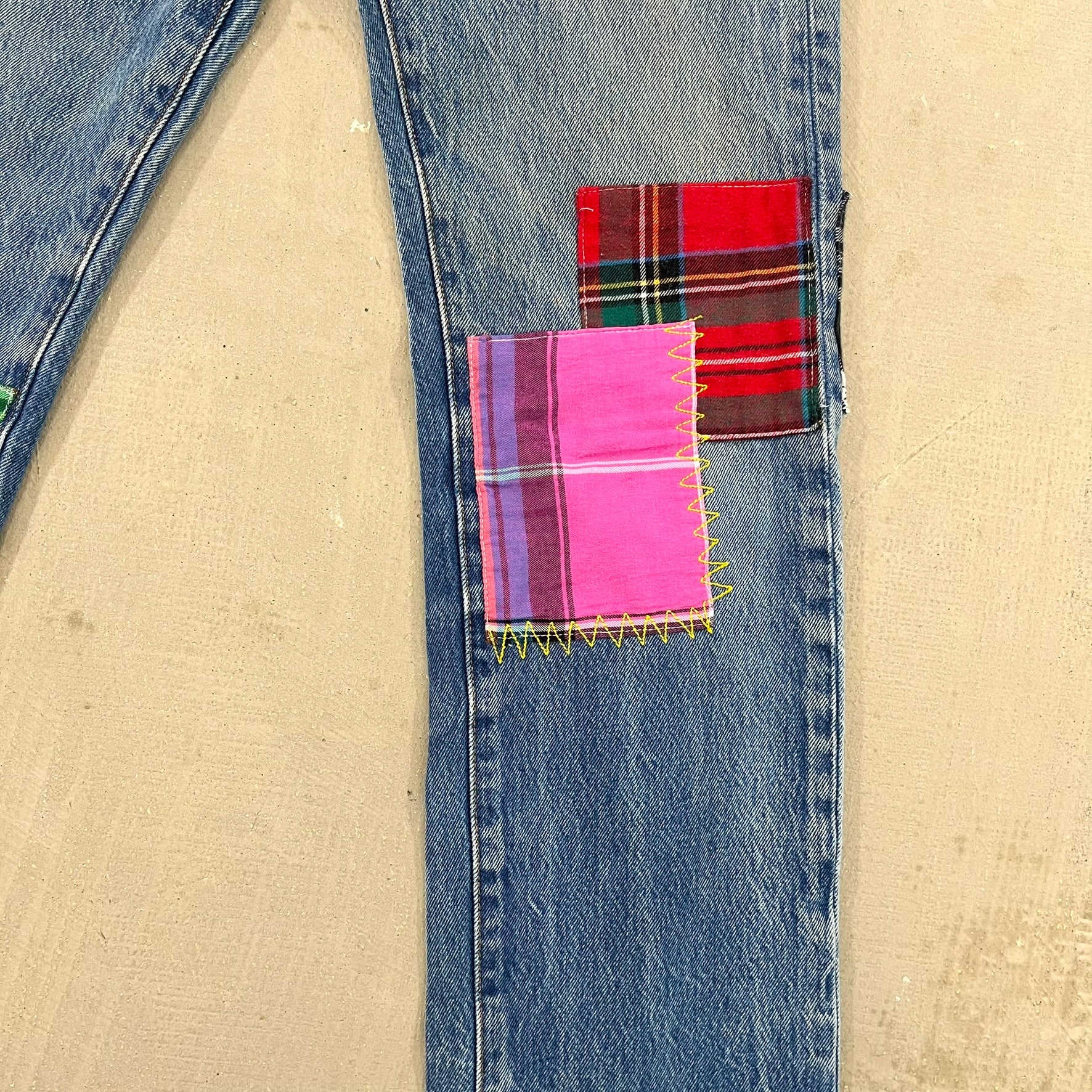 F- HOM Plaid Green/Blue Back Pocket Levi's 501 Reworked Custom Jeans