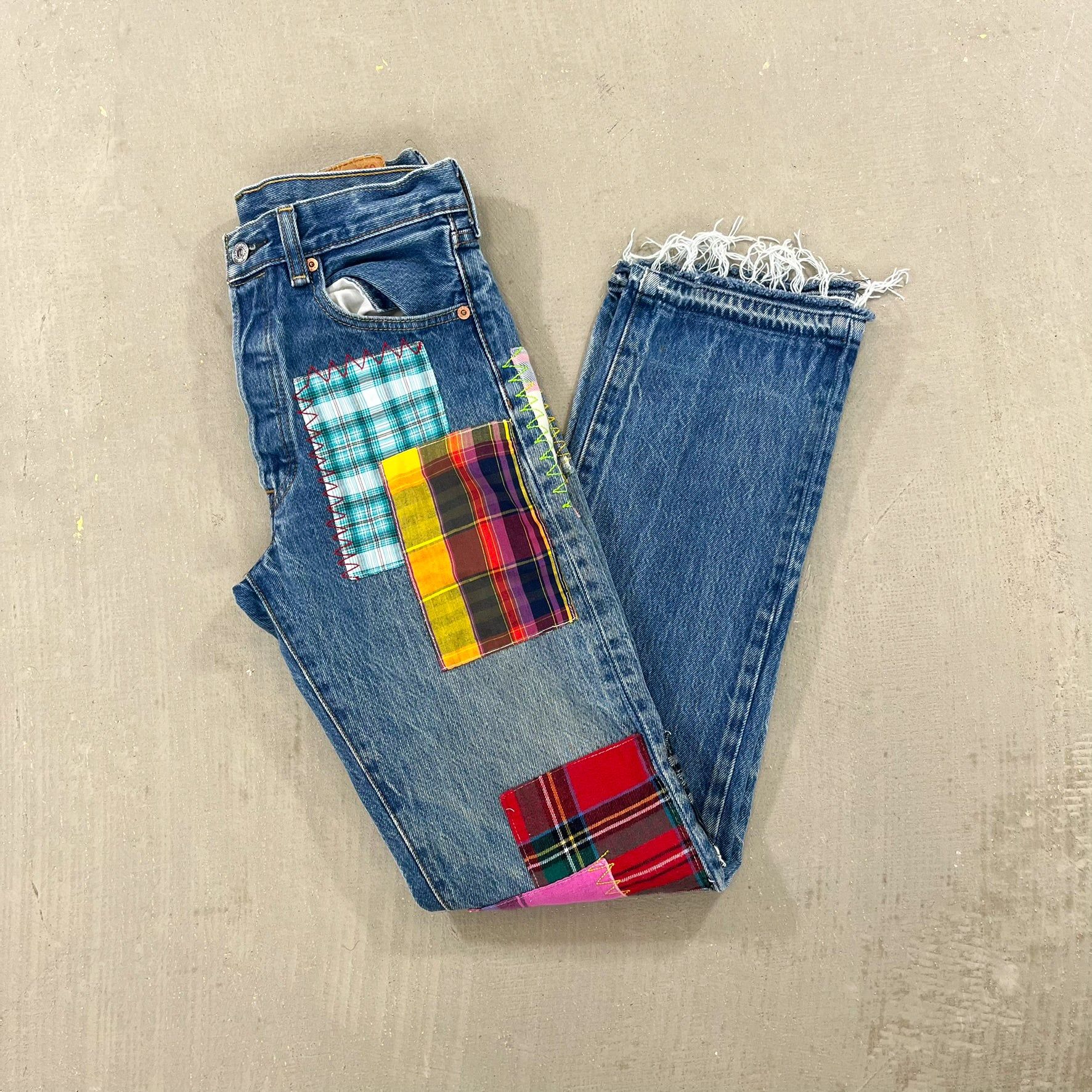 F- HOM Plaid Green/Blue Back Pocket Levi's 501 Reworked Custom Jeans