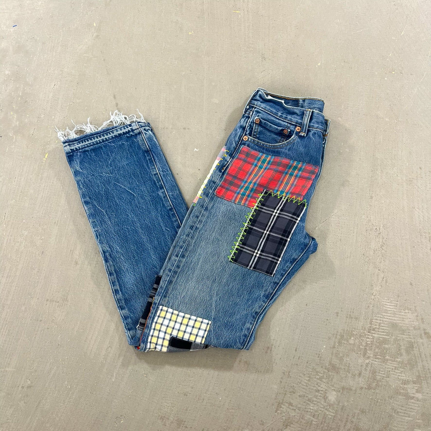 F- HOM Plaid Green/Blue Back Pocket Levi's 501 Reworked Custom Jeans