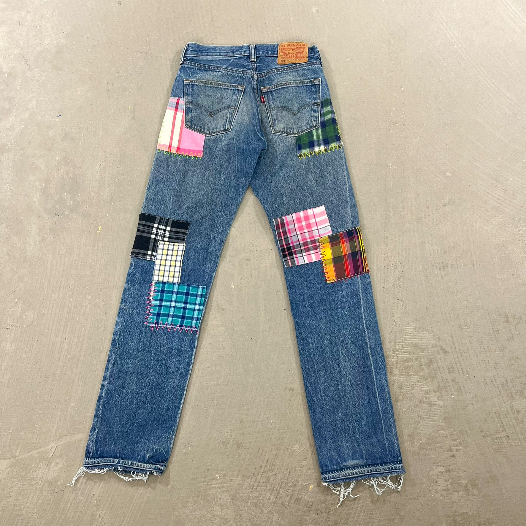 F- HOM Plaid Green/Blue Back Pocket Levi's 501 Reworked Custom Jeans