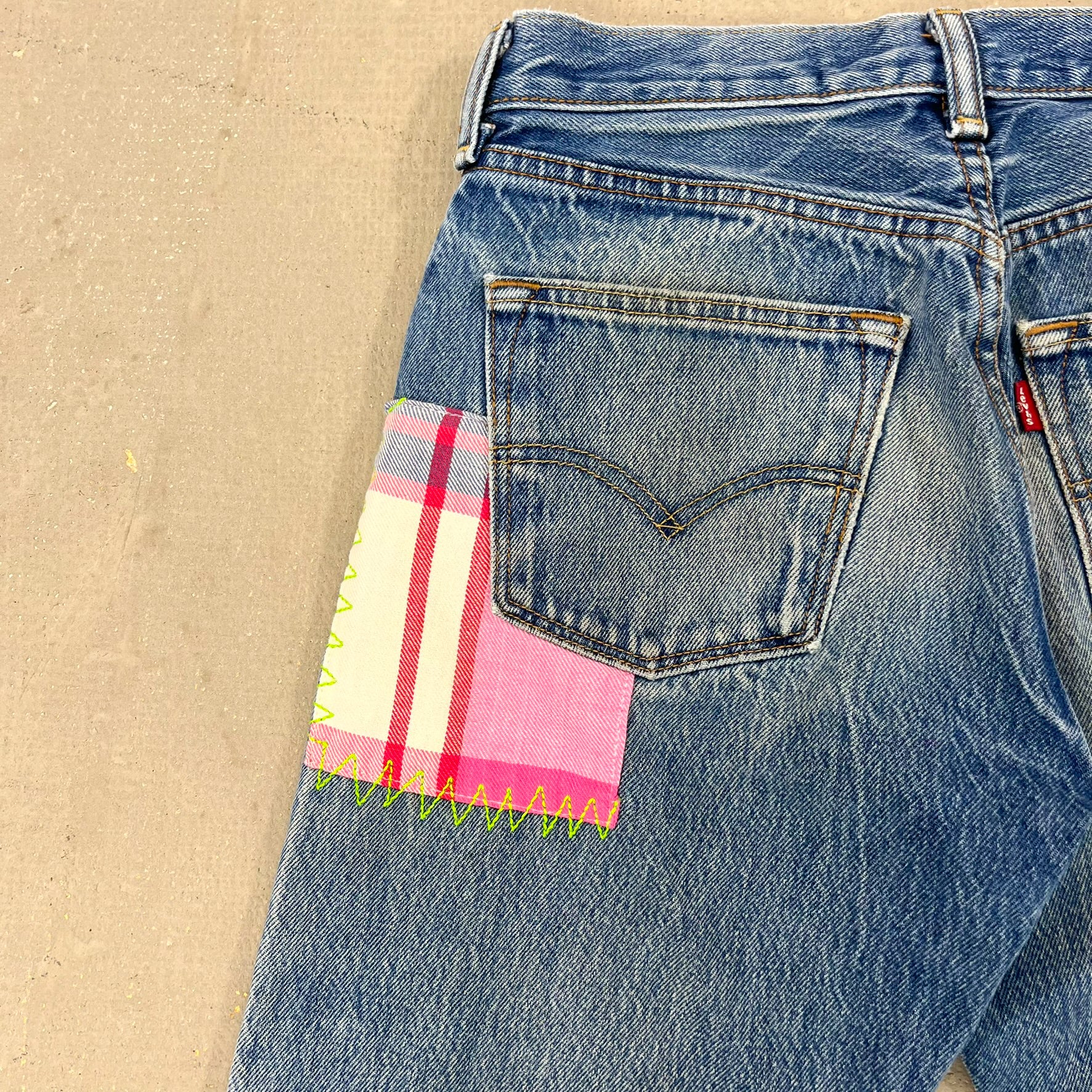 F- HOM Plaid Green/Blue Back Pocket Levi's 501 Reworked Custom Jeans