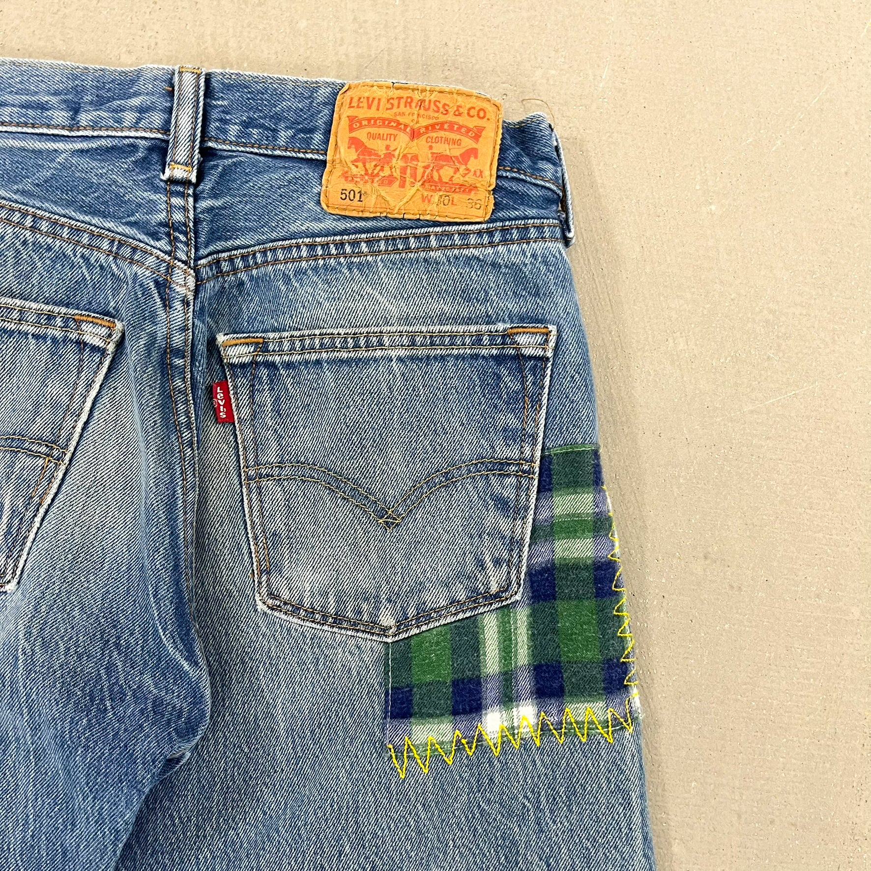 F- HOM Plaid Green/Blue Back Pocket Levi's 501 Reworked Custom Jeans