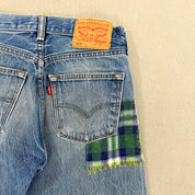 F- HOM Plaid Green/Blue Back Pocket Levi's 501 Reworked Custom Jeans
