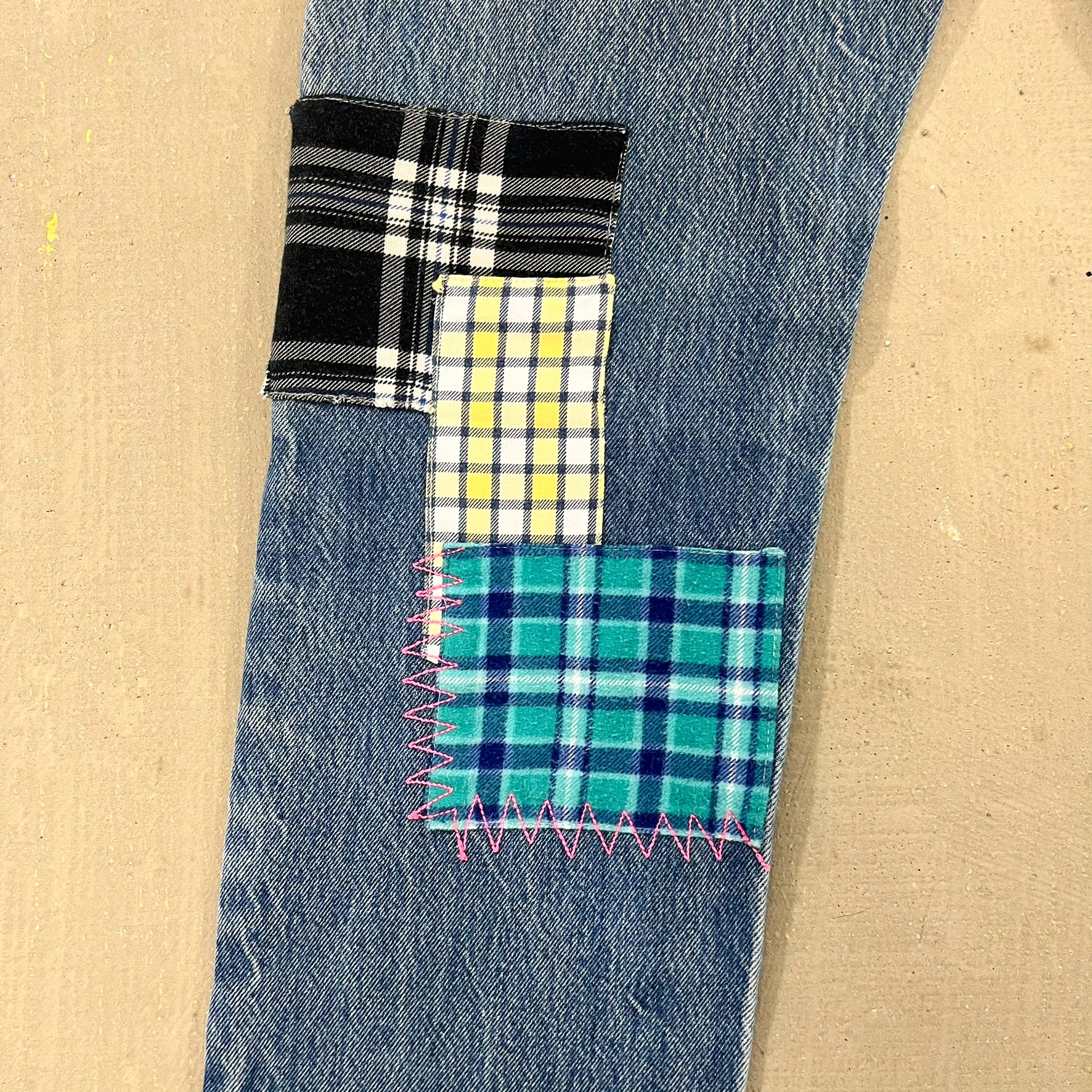 F- HOM Plaid Green/Blue Back Pocket Levi's 501 Reworked Custom Jeans